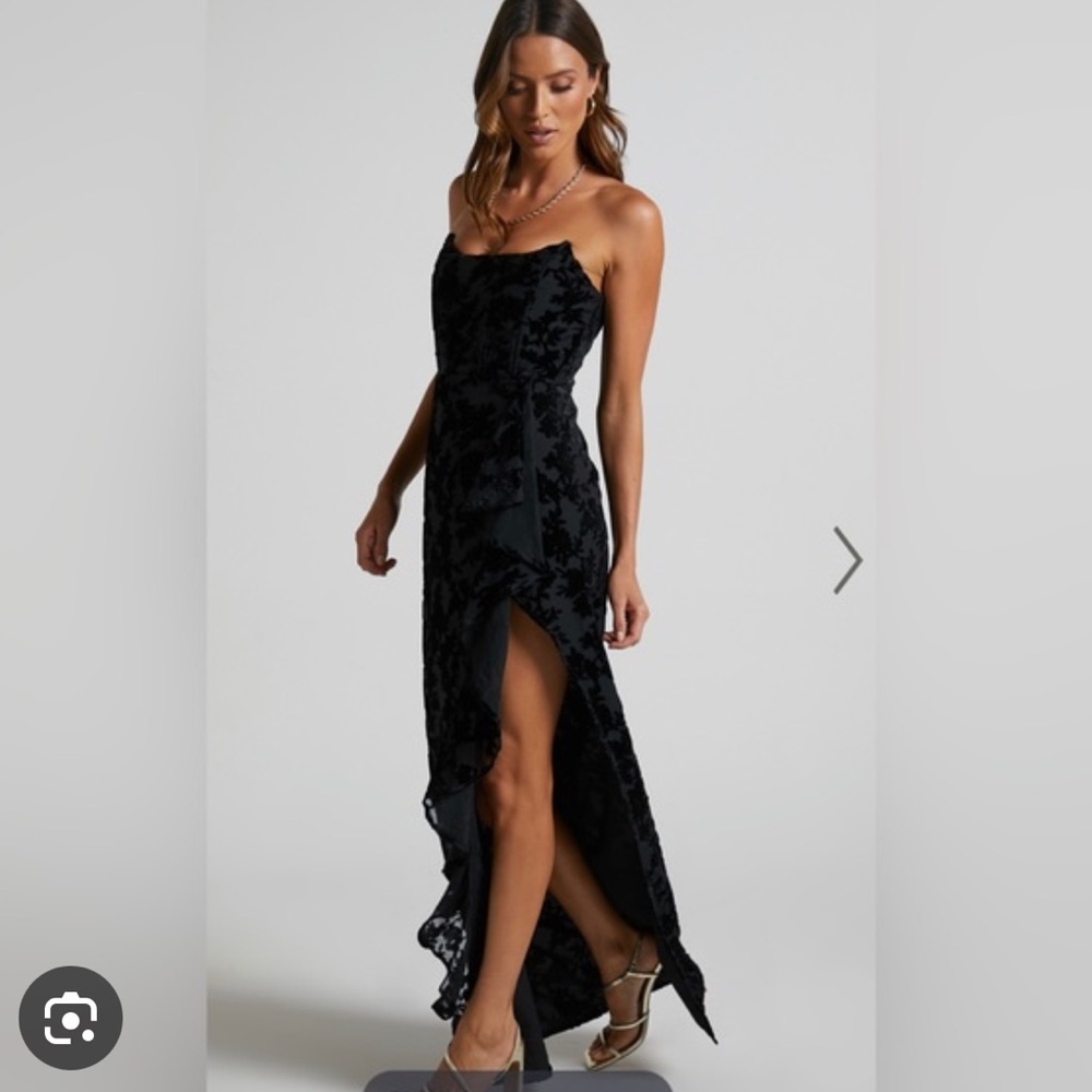 SHOWPO ARISA STRAPLESS VELVET BURNOUT RUFFLE MAXI DRESS IN BLACK